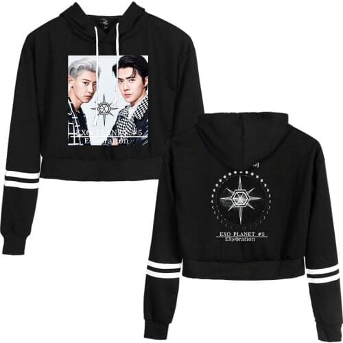 KPOP EXO PLANET#5 Cropped Hoodie Sweatshirts Serpents Streetwear Tops Autumn EXO PLANET#5 Female Shorts Hooded Harajuku Clothes