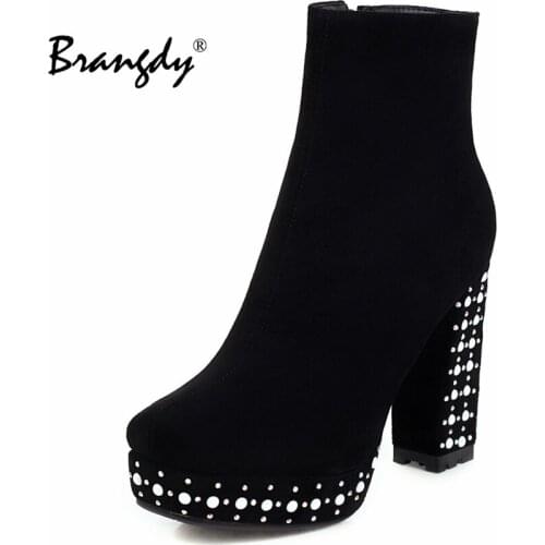 Brangdy Platform Ankle Boots For Women Luxury Pearl Chunky High Heels Shoes Woman Round Heels Botines Mujer