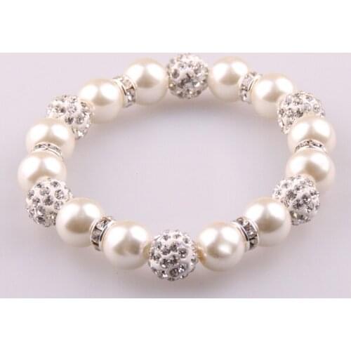10mm beige pearl with 10mm crystal pave ball and spacers beads bracelet
