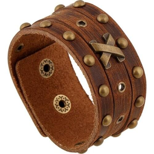 2017 New Brown Retro Metal Leather Bracelets Cowhide Wide Punk Rock Style Letter "X' Charm Bracelet For Women Men Jewelry