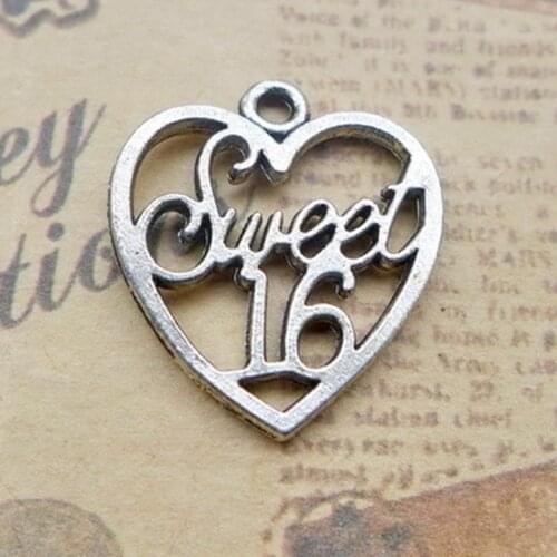 BULK 30pcs Antique Silver Plated Sweet 16 Years Old Birthday Heart Charms Gift for Boys and Girls 19*21mm 1.5g