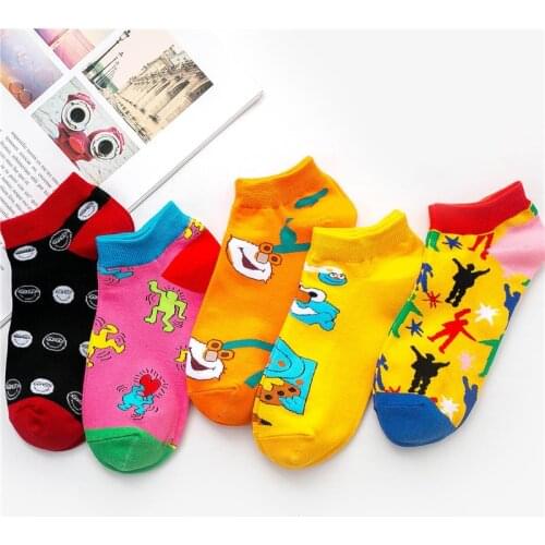 5 Pairs/Lot Womens Short Cotton Socks Classic Funny Cat Dog Pattern Cute Happy Color Sox Mens Size 36-43 Slippers Set LGBT