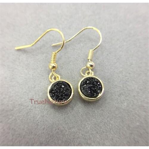 Black Druzy Agates Charm Women Earrings Jewelry Gold Electroplated Round Shape Earrings Round Druzy Jewelry In 8 mm ER5143