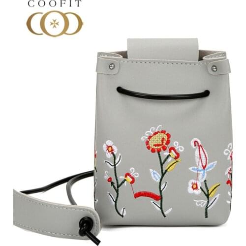 Coofit Mini Bucket Bag For Women 2018 Retro Embroidery Flower Drawstring Shoulder Bag Girls National Style PU Small Bags Daily