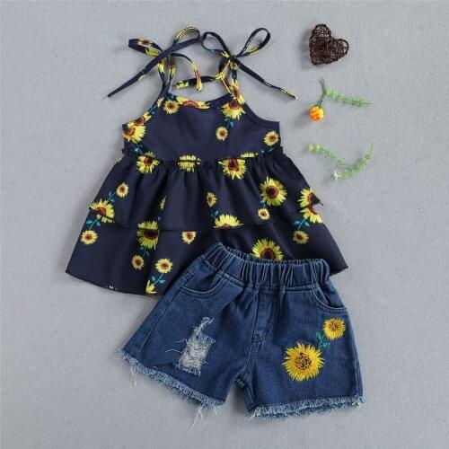 Kids Baby Girls Fashion 2-piece Outfit Set Sleeveless Sunflower Print Tops+Denim Shorts Set 1-5T New Fashion 2021