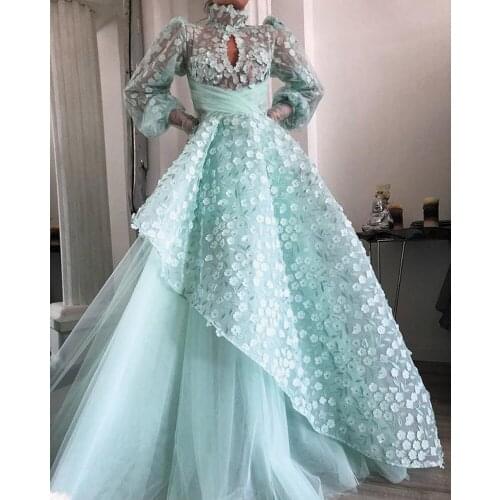SuperKimJo Vestido De Festa Turquoise Blue Prom Dresses Long High Neck 3D Flowers Elegant Tiered Prom Gown Robe De Soiree