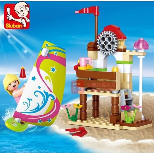 SLUBAN Friends Pink Dreams Wind-surfing Board Building Blocks Sets Beach Car Wind Wave Board Bricks Educational Toys for Kids