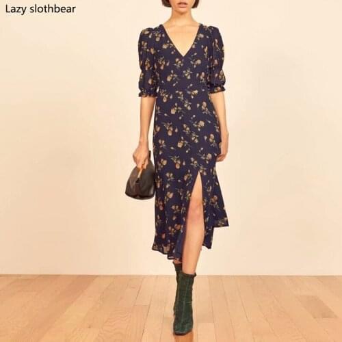 Hot selling fashion temperament lady floral print dress sexy split long dress elegant party dress