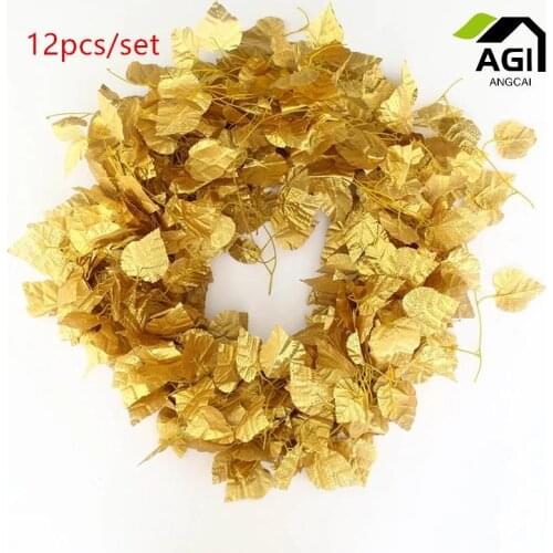12Pcs Artificial Golden green Grape Leaves Vine Hanging Garland Plants Greenery Ivy for Wedding Party Garden Outdoor Christmas