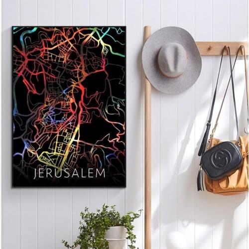 Jerusalem Israel Watercolors Black City Map Canvas Wall Art Print Modern Canvas Poster Wall Pictures Living Room Decor
