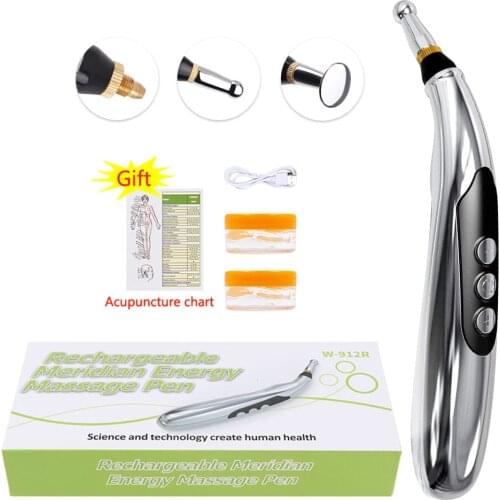 Laser Acupuncture Pen with 3 Heads Electronic Meridian Energy Massage Pen USB Rechargeable Massager Therapy Muscle Stimulator
