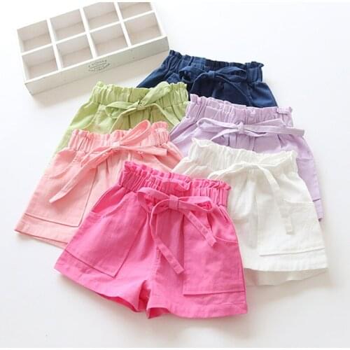2-7Y Summer Girls Shorts Kids Shorts Candy Color Girls Children Clothes Bow Beach Loose Shorts Casual Pants Linen Comfortable