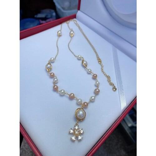 MADALENA SARARA Freshwater Pearl 7-8mm Rice Pearl Pendant Women Necklace Flower Chain Style