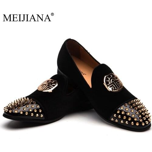 MEIJIANA BLACK Metal Buckle Men Suede Shoes Party and Wedding Mens Loafers Handmade Men Smoking Slippers Plus Size Shoes