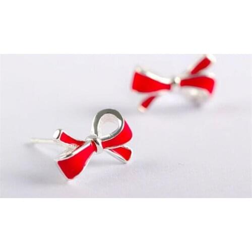 New Fashion Beautiful Temperament Exquisite 925 Sterling Silver Jewelry Fresh Literary Bow Red Epoxy Stud Earrings SE564