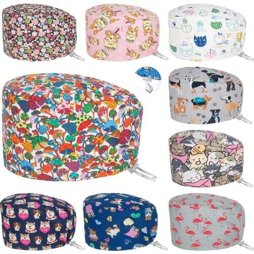 New scrubs caps with buttons Floral printing lab hats adjustable high quality scrubs hats beauty salon working caps wholesale