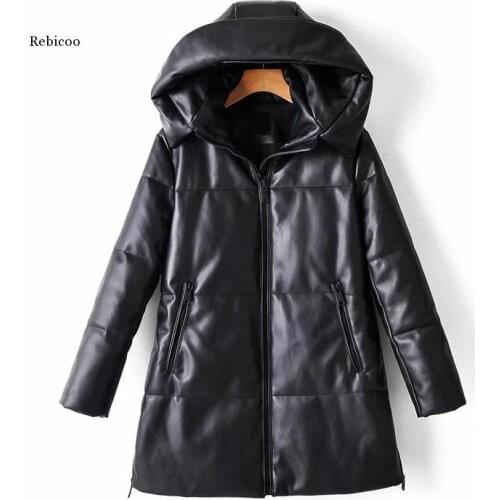Solid Pu Leather Cotton Jacket Hooded Womens Fashion Leather Long Coats Ladies Waterproof Thick Jackets Female Winter