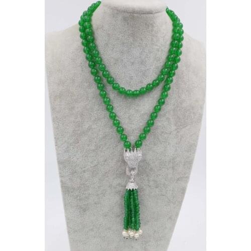 Green jade round 8mm and white pearl near round leopard clasp necklace 33inch wholesale beads nature gift discount