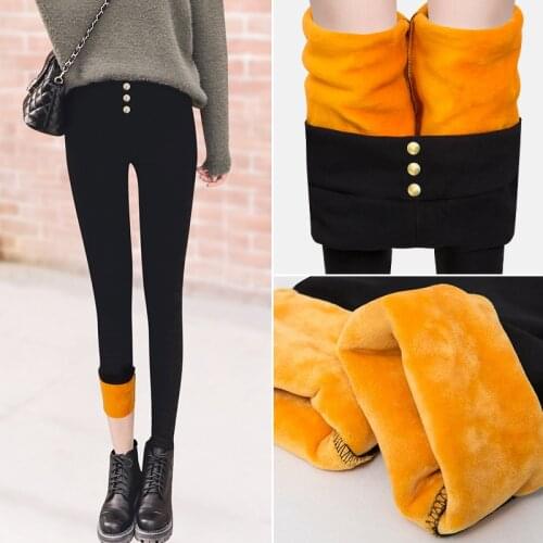 Sexy High Waist Button Winter Women Leggings Plus Velvet Cold Resistant Fashion Elastic Push Up Slim Solid Skinny Warm Pants