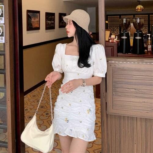 Dress Women Floral Simple Sweet Folds Elegant Slim Summer Dresses A-line Square Collar Vintage Leisure Ladies Abdomen Trendy New