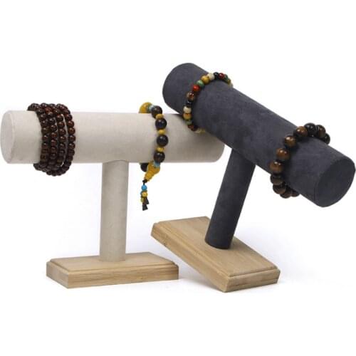Portable wood +Velvet Bracelet Necklace Jewelry Organizer Display Stand Holder Organizer Solid Dark grey/beige T-Bar Rack