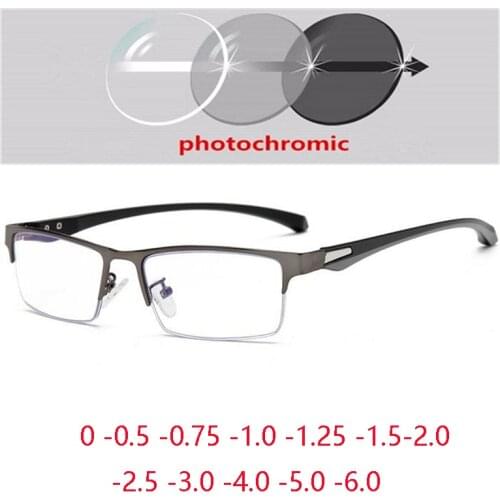 Sun Photochromic Gray Half Frame Square Myopia Glasses With Degree Anti Blue Rays Prescription Spectacles 0 -0.5 -0.75 To -6.0