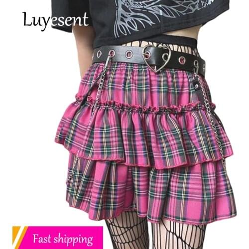 Gothic Lady Plaid Pleated Mini Skirt Summer Sexy Girl Y2k Ruffles Harajuku Midi Fushia Elastic Waist Skirts Korean Fashion Cloth