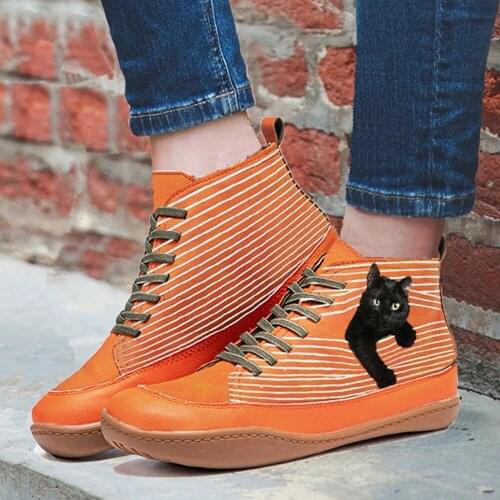 2021 New Autumn And Winter Retro Warm Booties Women Comfy Cartoon Cats Print Suede Buckle Casual Flat Ankle Boots Mujer Botas