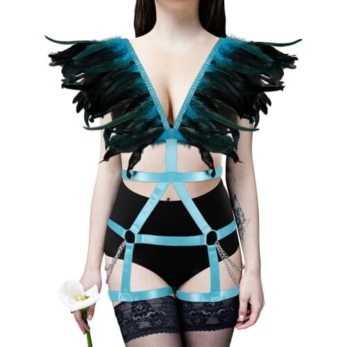 Women Elastic Sexy Feather Cage Bra Bandage Harness Belt Hollow Out Party Rave Wear Full Body Harness Stocking Strappy Bralette