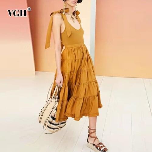 VGH Sling Lace Up Bow Dress For Women Square Collar Sleeveless High Waist Summer Dresses Female Fashion New Clothing 2021 Style