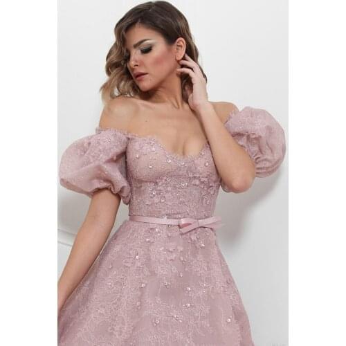 2022 Sexy Deep High Low Ball Gown Evening Dresses V Neck Backless Short Sleeves Lace With Bow Sash Patty Gown robes de soirée