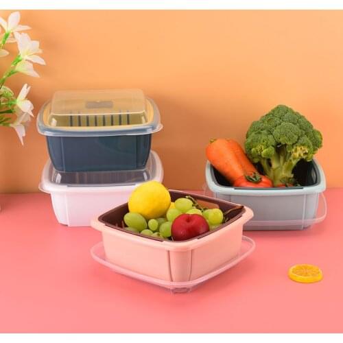 Double-Layer Drain Basket Lid Refrigerator Crisper Multifunctional Kitchen Vegetable Washing Square Size Washing Vegetable Baske