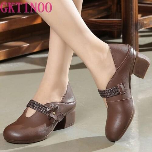 GKTINOO Retro New Autumn Handmade Flower Genuine Leather Shoes Woman Fashion Shoes Women High Heel Shoes Non-slip Lady Pumps