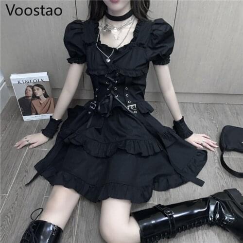 Gothic Lolita Style Dress Summer Women Chic Puff Sleeve Bandage Party Punk Mini Dresses Cool Girls Black Ruffles Tiered Dress