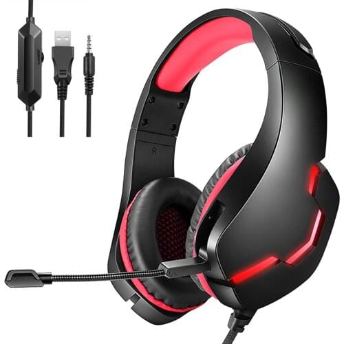 J10 Wired PC Gaming Headphones with Microphone Over Ear Gaming Headset LED Light Adjustable Headband for Computer
