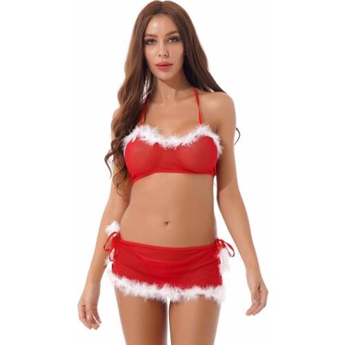 3pcs Women Christmas Sexy Lingerie Set Faux Fur Trim Mesh Role Play Outfit Nightwear Lace-up Bra Top with G-string Mini Skirts