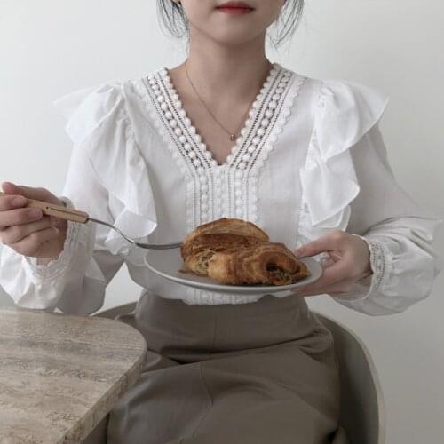 Korean Autumn Ruffled Lace Blouse Women Fashion V-Neck Long Sleeve Slim Vintage Shirt Ladies Chic Crochet Lace Solid Tops 13572
