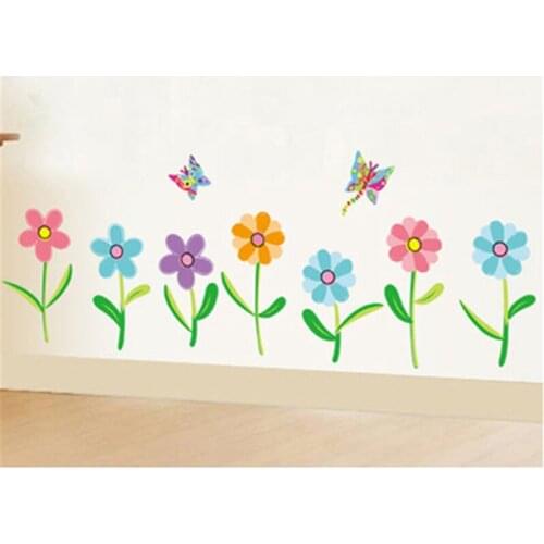 Colourful Flowers Butterfly Wall Sticker For Bedroom Living Room Baseboard Decoration Pastoral Wall Mural Art Diy Home Decals