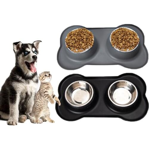 Dog Food Bowl Cat Feeders Stainless Steel Dish Antislip Drinking Water Bowls Pet Feeding Silicone Mat for Small Large Dogs Pets