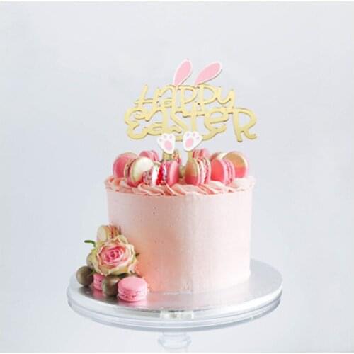 New Happy Easter Acrylic Cake Toppers Golden Letters Pink Bunny Baking Cake Toppers for Easter Party Cupcake Decoration Supplies