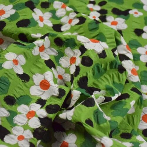 Half Meter Green Flower Print Wrinkle 100% Cotton Fabric For Dress Upper Clothes Shaggy Skirt Girl Garment Sewing Telas T1689
