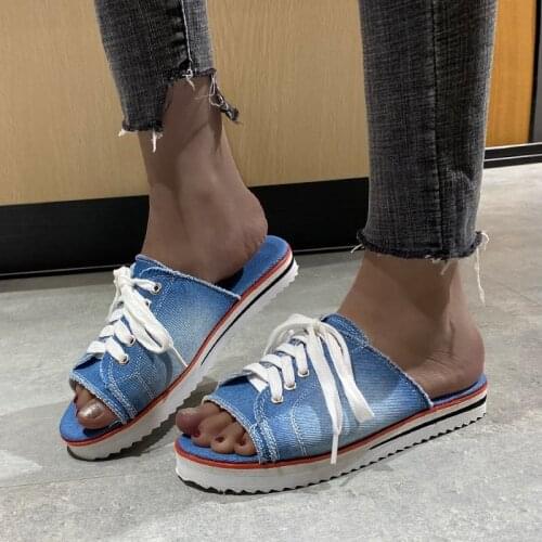 2021 Fashion Women Canvas Sandals Breathable Summer Slippers Lace Up Open Toe Ladies Faux Denim Flat Shoes Zapatos Mujer