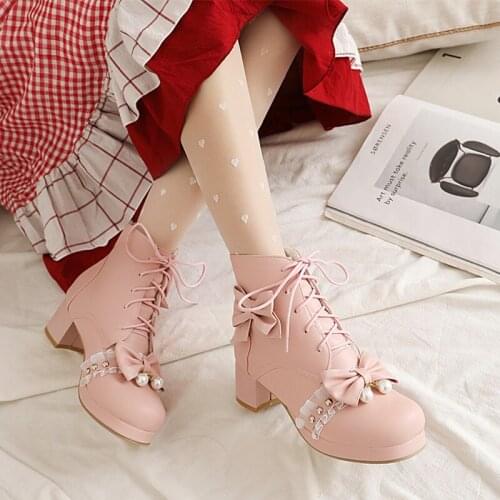 Lolita Shoes Cute Bow Thick Bottom Girl Japanese Jk Uniforms High Heels Pink Women Short Kawaii Boots Lo Shoe Loli Lol Cosplay