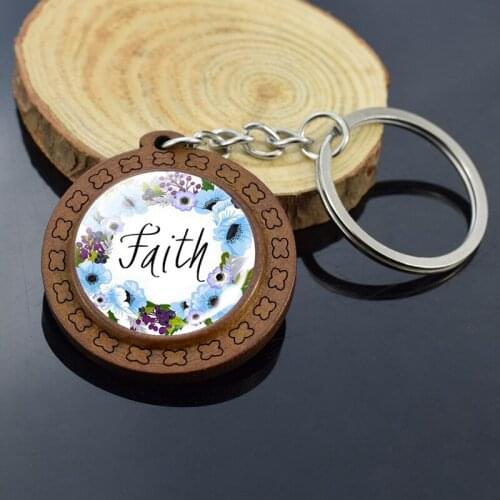 Faith Wooden Keychain Bible Verse Key Chain Inspirational Jewelry Believe Walk In Love Glass Cabochon Key Rings Christian Gift