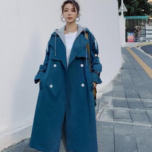 Blue Windbreaker Female2021spring Autumn New Detachable Hooded Korean Fashion Loose Long Straight Double-Breasted Womens Coat1H