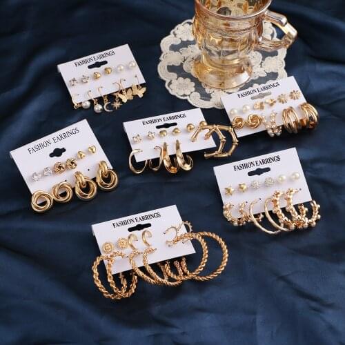 Vintage Geometric Gold Pearl Metal Earrings Set For Women Punk Pearl Dangle Drop Earrings 2021 Trend Set of Earrings Jewelry