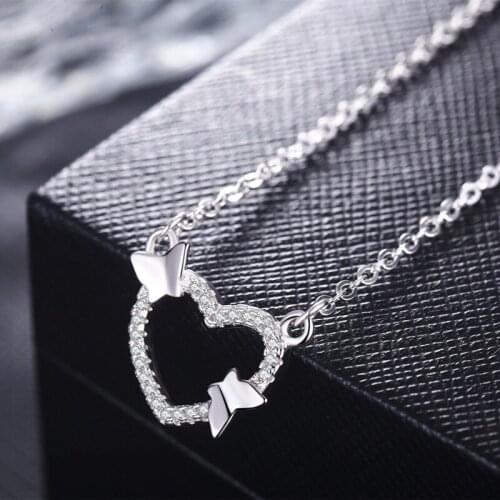 Women Fashion Silver Plated Butterfly Hollow Heart Necklace Inlay White Zircon Crystal Necklace Charm Girls Fine Jewelry Gift