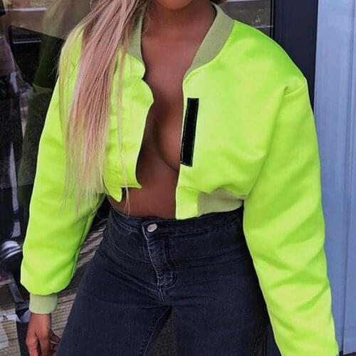 Instylish Women Fashion Neon Green Cropped Jackets Casual Autumn Long Sleeve O Neck Short Slim Coat Crop Windwear Outwear