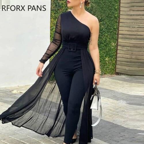 Women One Shoulder Plain Sheer Mesh Jumpsuit Skinny Jumpsuit Casual Look for Women 2020