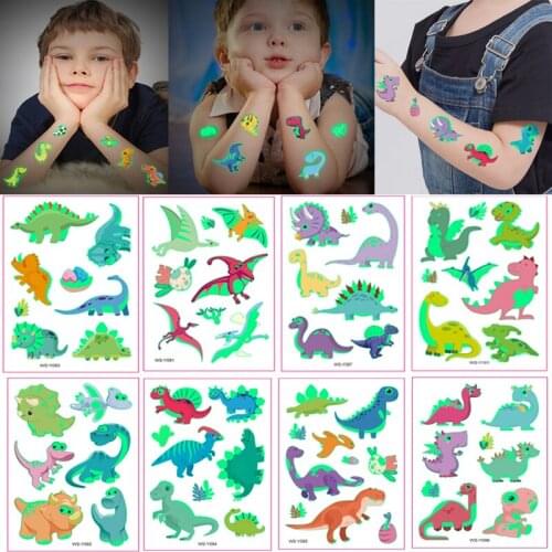 3D Luminous Dinosaur Temporary Tattoos Stickers for Kids Children Cartoon Transfer TattooColorful Tiny Dinosaur Fake Tatoos 1PC
